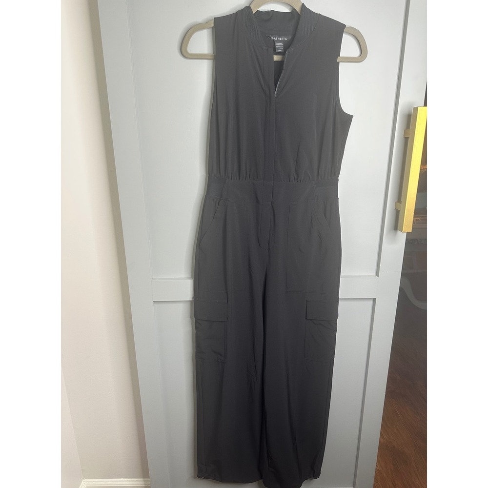Athleta Black Sleeveless Women's Zip Front Cargo Jumpsuit Wide‎ Leg O/P